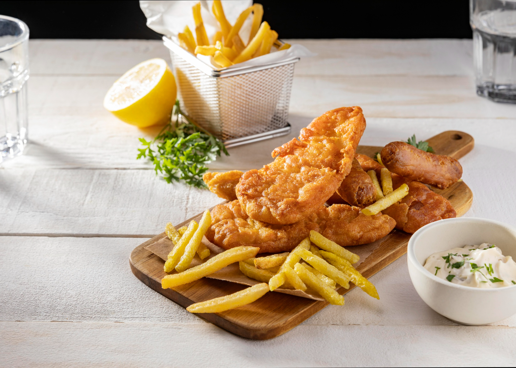 Fish and chips on a tray